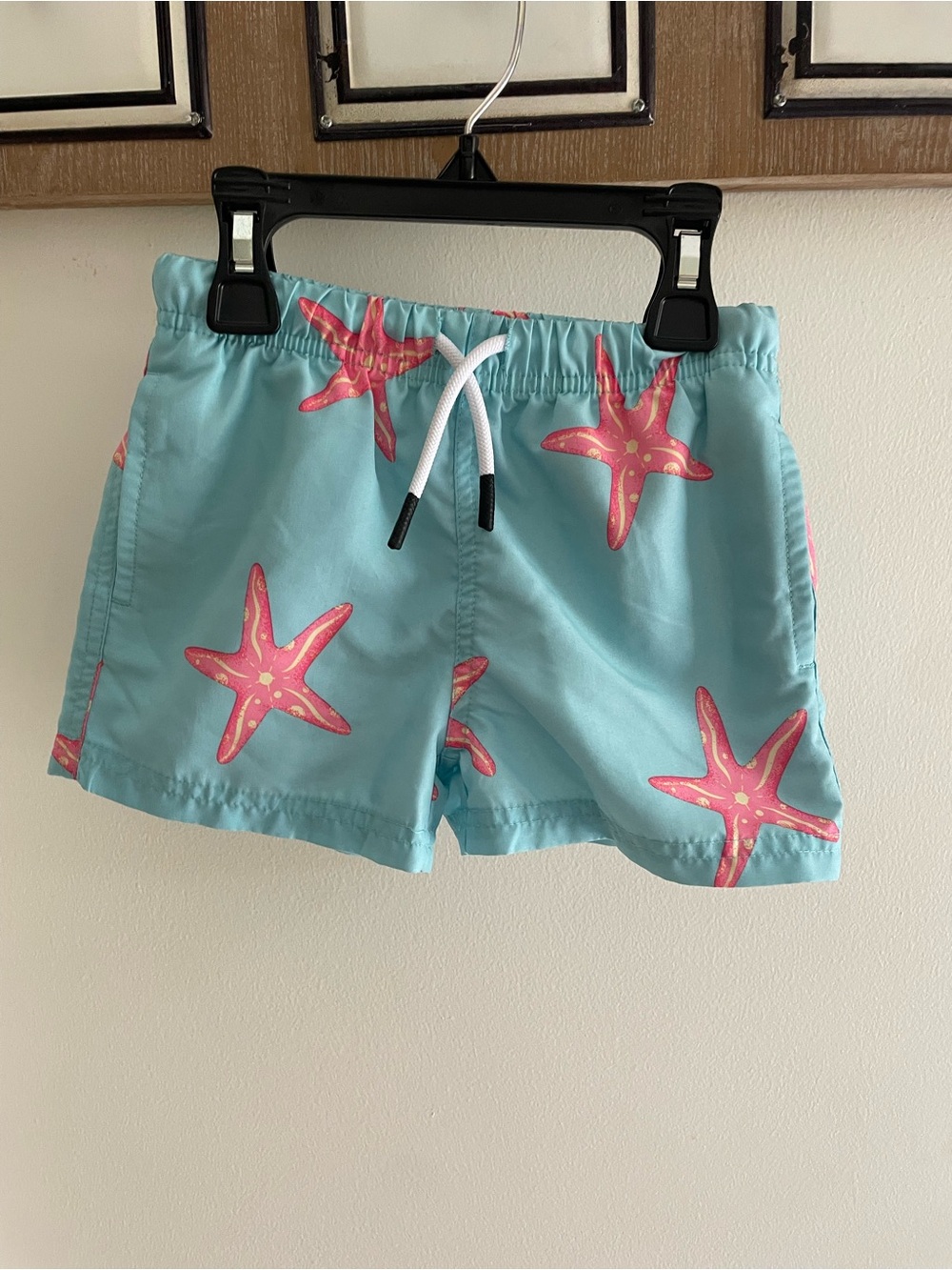 Toddler Aqua Swim Trunks with Pink Starfish Print